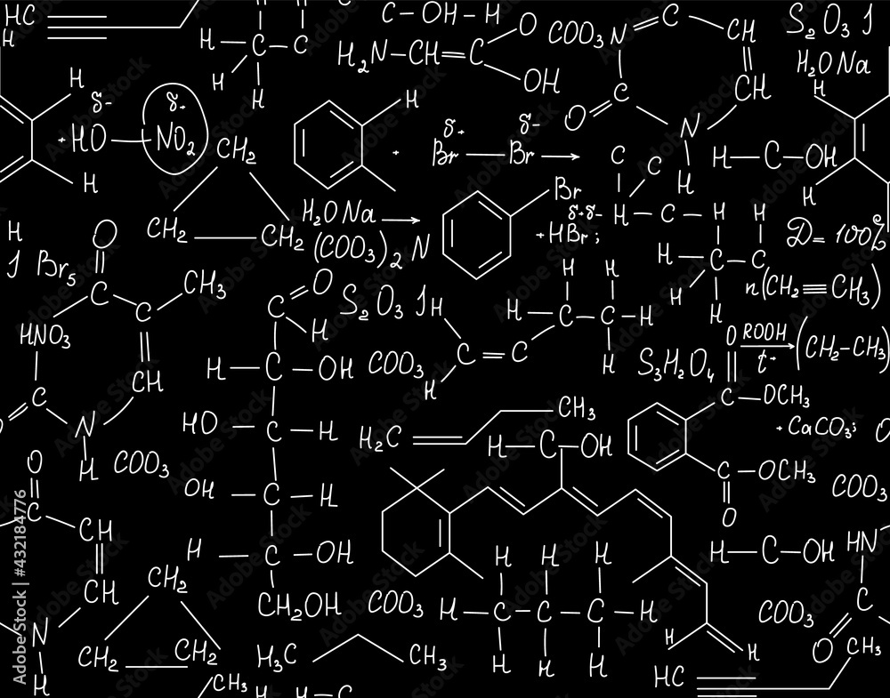 Scientific chemistry vector seamless pattern with handwritten chemical equations, formulas and lab equipment