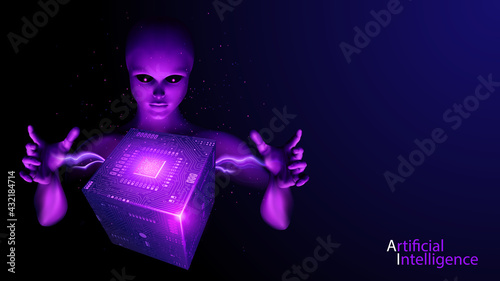 Vector. Futuristic abstract image. Artificial Intelligence. A robot with a mask human face creates a supercomputer matrix. Realistic 3d blue-violet background. Modern technologies and innovations.