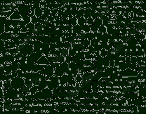 Chemistry and biology educational vector seamless pattern with handwritten formulas and dna strands, molecular equations	

