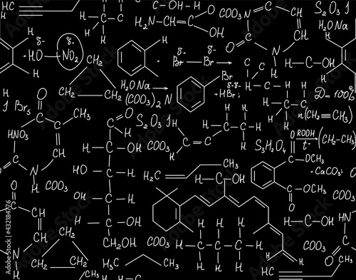 Scientific chemistry vector seamless pattern with handwritten chemical equations, formulas and lab equipment