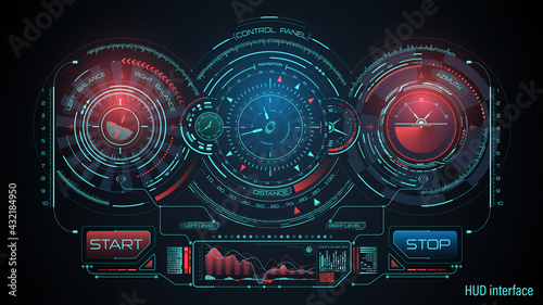 Vector technology background. Futuristic HUD style user interface. Modern modern digital information screen layout template. Detailed HUD, UI elements and information fields.