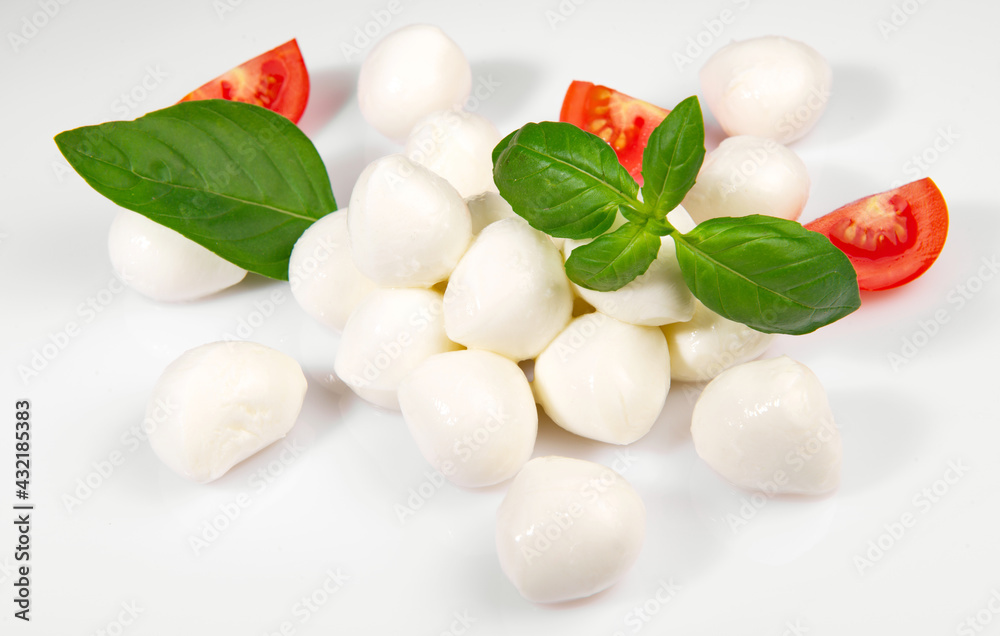 Cherry Tomato with Baby Mozzarella and Basil isolated on white Background