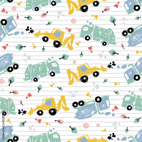 Vector white pen skech doodle cute tilted cement trucks transport vehicles seamless pattern with stripes. Suitable for textile, gift wrap and wallpaper.