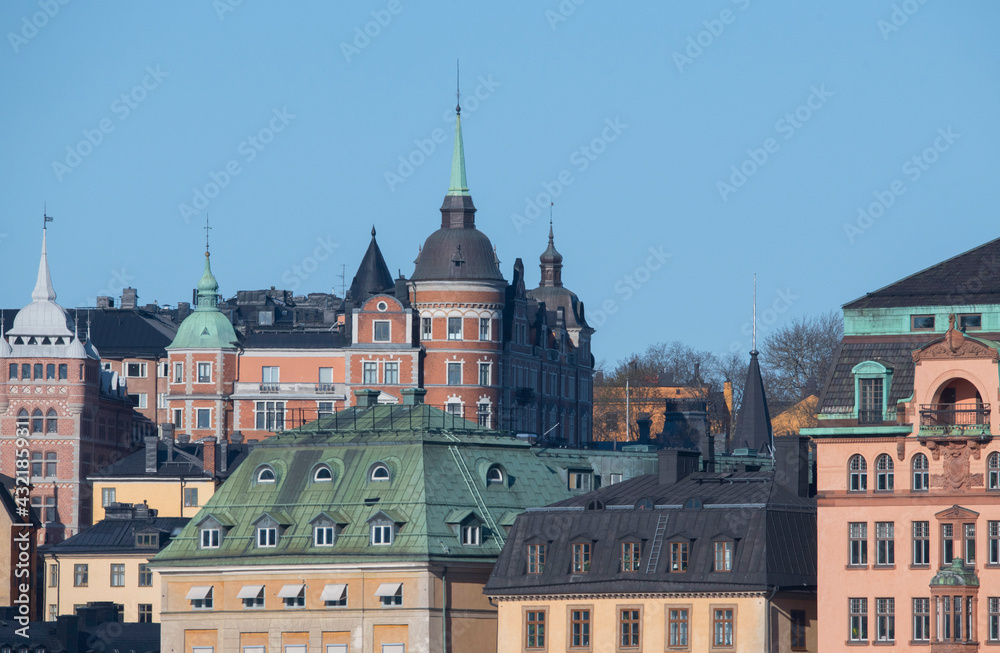 The old town Gamla Stan and the blocks surrounding the street Bastugatan in the district Södermalm in Stockholm a spring morning. 21-05-01
