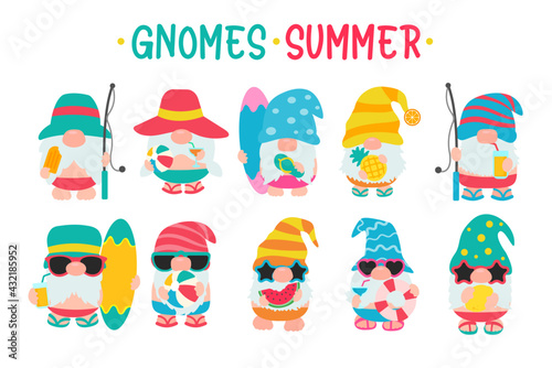 Gnomes Summer. Gnomes wear hats and sunglasses for summer trips to the beach.