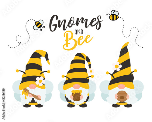 Vector cartoon gnomes wearing a yellow black bee suit holding sweet honey. Isolated on background
