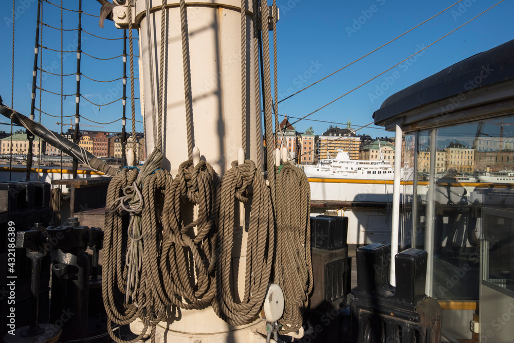 Ship details from an old sailing boat in the Stockholm harbor a spring morning
