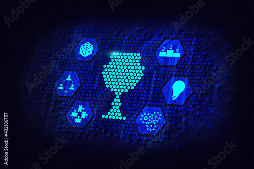 gamification in business, educational entertainment, game design concept in neon blue dark background