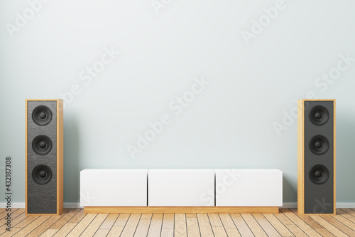 Music speakers with a bedside table in a minimalistic interior. 3d rendering