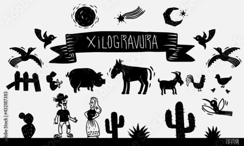 Xilogravura, elementos nordestinos, juninos, São João, cactus, pássaros, bird, woodcut, jumento, bode, galinha, goat, chicken photo