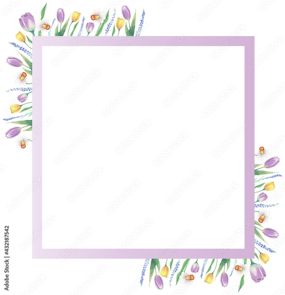 Aquarelle floral copy space frame with flowers around the square. Watercolor hand painted square greeting card for wedding, easter, birthday, holidays. Frame with purple tulips. Aquarelle floral copy space frame with flowers around the square. Watercolor hand painted square greeting card for wedding, easter, birthday, holidays. Frame with purple tulips.