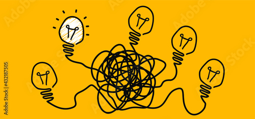 Chaotic or chaos and order. Comic brain electric lamp idea doodle. FAQ, business loading concept. Fun vector light bulb icon or sig. Brilliant lightbulb education  or invention pictogram banner