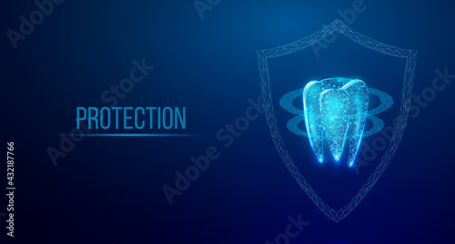 Tooth. Abstract wireframe low poly style banner. Dentistry services, teeth treatment, dental care, stomatology concept.