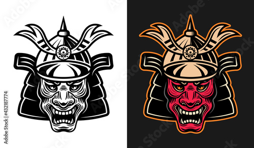 Japanese demon samurai in helmet vector illustration in two styles monochrome on white and colorful on dark background