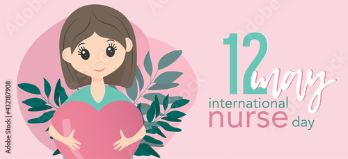 International nurse day 12 may. Happy female nurse in uniform. Pink and mint colors. Banner with lettering. Hold big heart in hands.