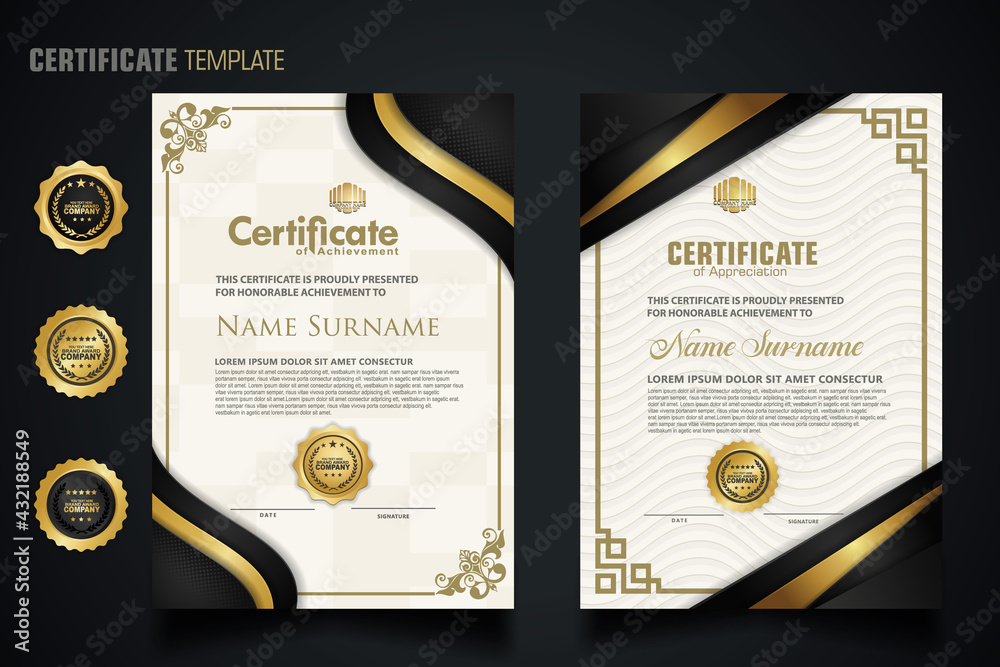 Luxury certificate template with elegant corner frame and realistic texture pattern, diploma Vector illustration - obrazy, fototapety, plakaty 