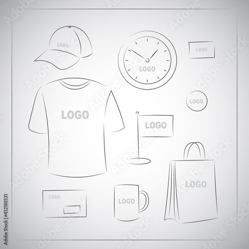 Souvenirs templates set. Promotional branding gifts empty elements. Linear drawing by hands on white.