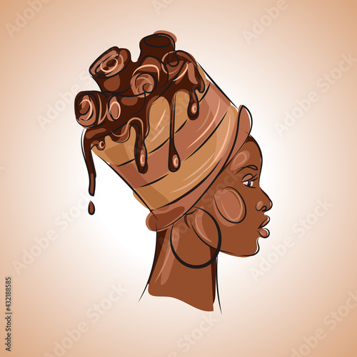 Portrait of an African woman in profile with a chocolate brownie or cake on her head. Creative pastry art drawing.