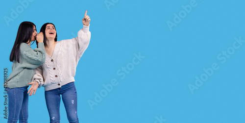 Banner,long format. Emotional twin sisters smile and point up with their index finger when they see something interesting there. Side space. Blue background.