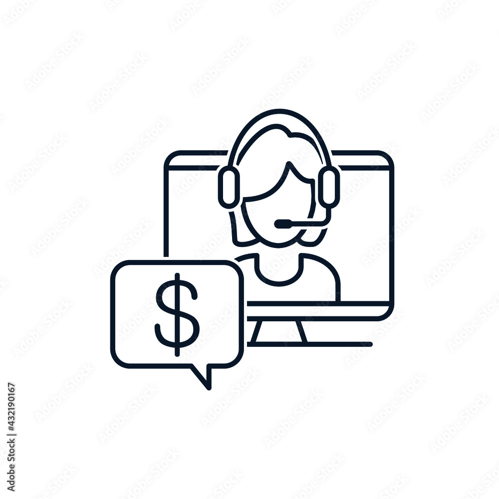 Girl, monitor, dollar. Concept for trader, financial analyst, online bank service. Vector icon isolated on white background.