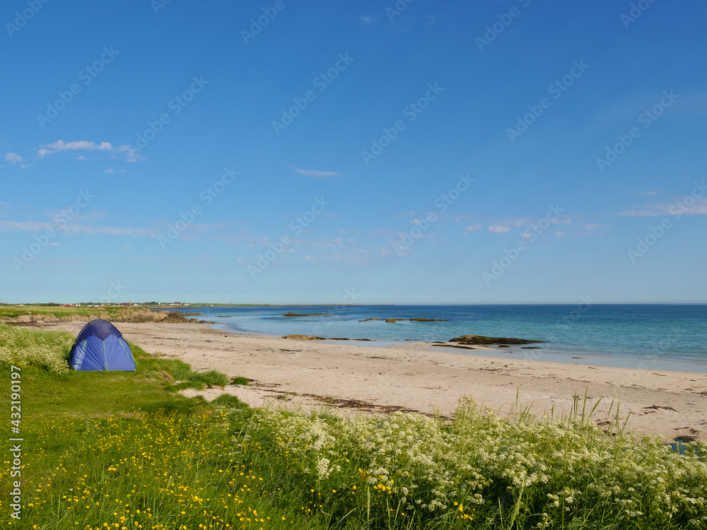 Seascape with tent on beach, Lofoten Norway Seascape with tent on beach, Lofoten Norway