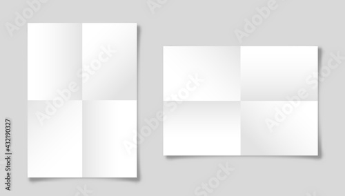Realistic blank folded paper sheets in A4 size with shadow isolated on gray background. White notebook page. Design template, mockup. Vector illustration.