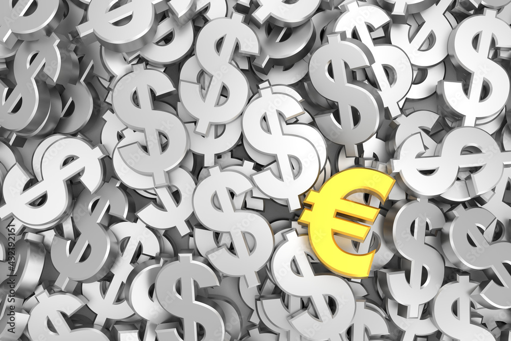 A golden euro sign on silver dollar signs. 3D rendering. A golden euro sign on silver dollar signs. 3D rendering.