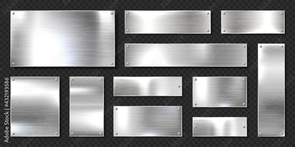 Realistic shiny metal banners set. Brushed steel plate with screws. Polished silver metal surface. Vector illustration.