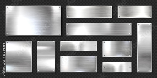 Realistic shiny metal banners set. Brushed steel plate with screws. Polished silver metal surface. Vector illustration. photo