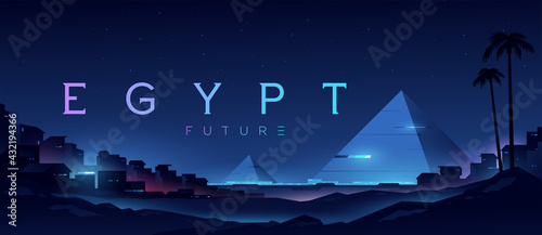 Futuristic landscape with views of the pyramids and the city. Egypt illustration