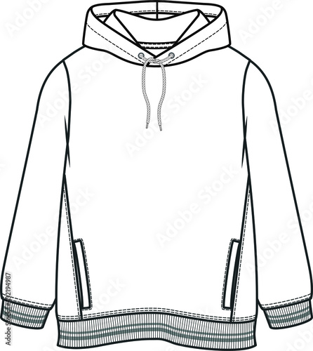 Hoodie Flat Sketch. Fashion technical drawing. Editable vector sketch, apparel template