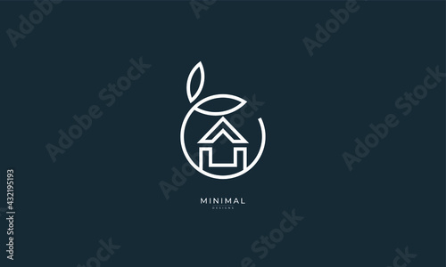 A line art icon logo of a house/home with a leaf circle