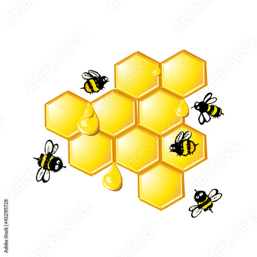 Bee honeycomb set of elements. Cute funny cartoon bees . Vector illustration