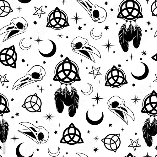 seamless illustration depicting witchcraft and scandinavian patterns