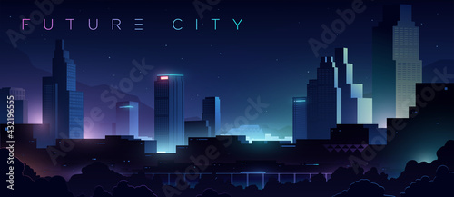 Futuristic night city. Cityscape on a dark background with bright and glowing neon purple and blue lights. Cyberpunk and retro wave style illustration