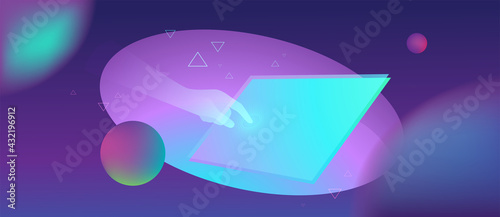 Futuristic smart technology abstract illustration. Holographic hand touches the glowing screen