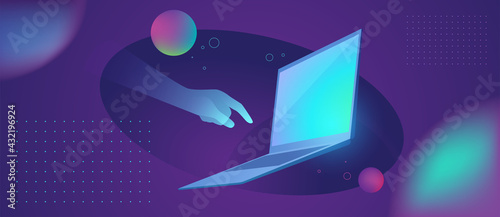 Futuristic smart technology abstract illustration. Holographic hand touches the laptop