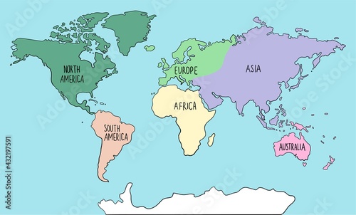 Hand drawn colored doodle World map with continents. North and South America, Europe, Asia, Australia, Africa.