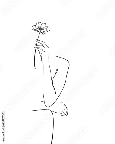 Line drawing woman with flower. - Vector illustration