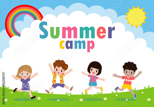 kids summer camp background education Template for advertising brochure or poster, happy children doing activities on camping and jumping, poster flyer template, your text ,Vector Illustration 