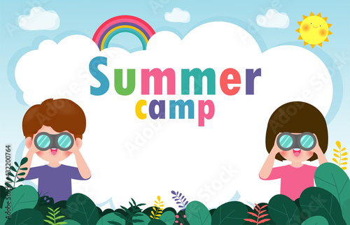 Cute little boy and girl watching something through binoculars in the forest. Children have summer outdoor adventure. kids summer camp background education Template for advertising brochure or poster
