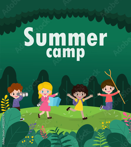 kids summer camp background education Template for advertising brochure or poster, happy children doing activities on camping and jumping, poster flyer template, your text ,Vector Illustration 