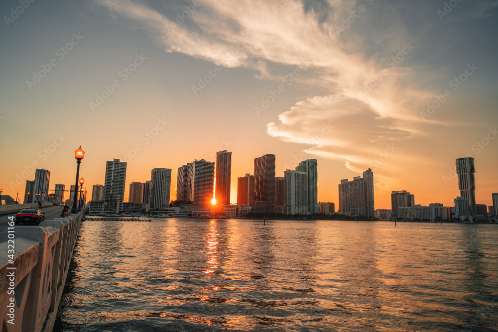 city skyline at sunset miami city skyline at sunset miami