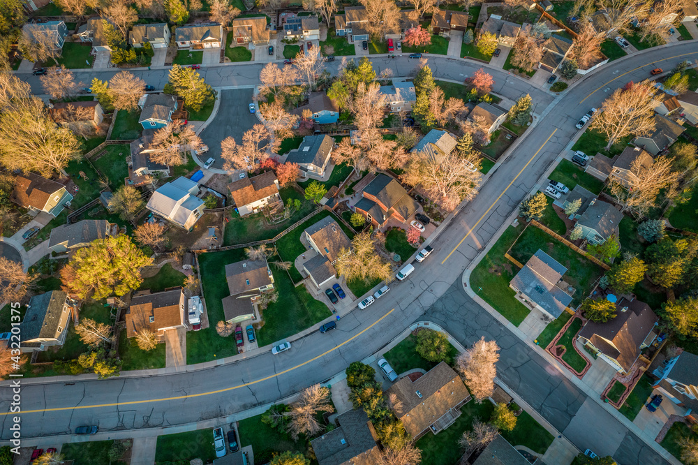 street in a residential area of Fort Collins in northern Colorado - early morning aerial view in springtime