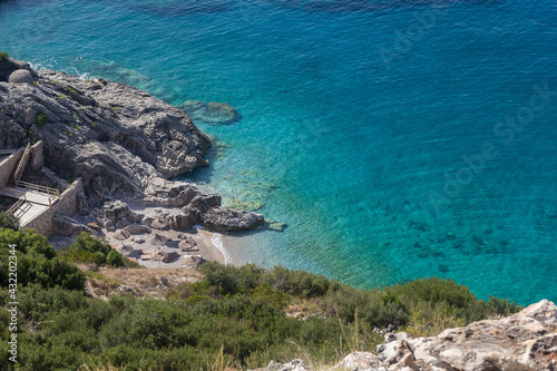 Small beach among rocks and turquoise sea, Albania. Travel and vacation theme, beautiful nature