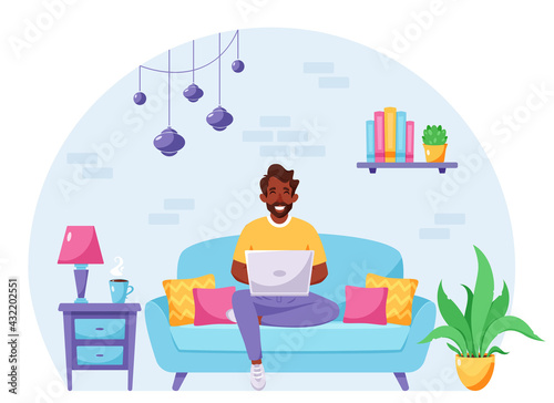 Black man sitting on a sofa and working on laptop. Freelancer, home office concept. Vector illustration