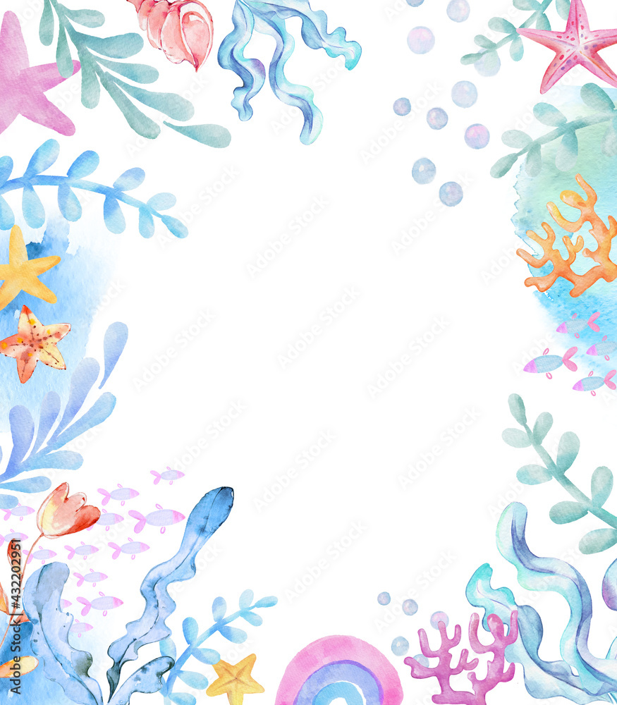Underwater Watercolor Background. Seaweeds, fish. starfish corals, rainbow, shells sea elements. Cartoon kids illustration