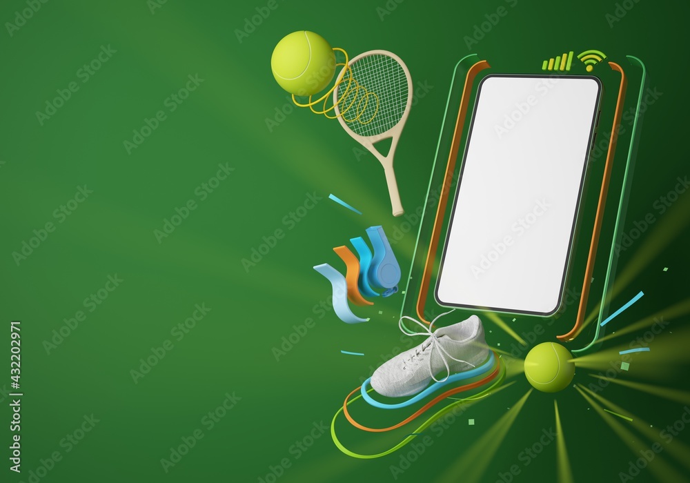 tennis live online from a smartphone. sport competition program. tennis  game application. white screen mobile mock-up. sport online game.  background copy space. 3d rendering Stock Illustration | Adobe Stock