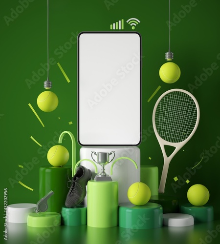 tennis live online from a smartphone. sport competition program. tennis game application. white screen mobile mock-up. sport online game. background copy space. 3d rendering