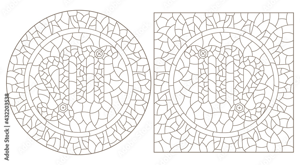 Set of contour illustrations in the style of stained glass with the signs of the zodiac Virgo, dark contours on a white background
